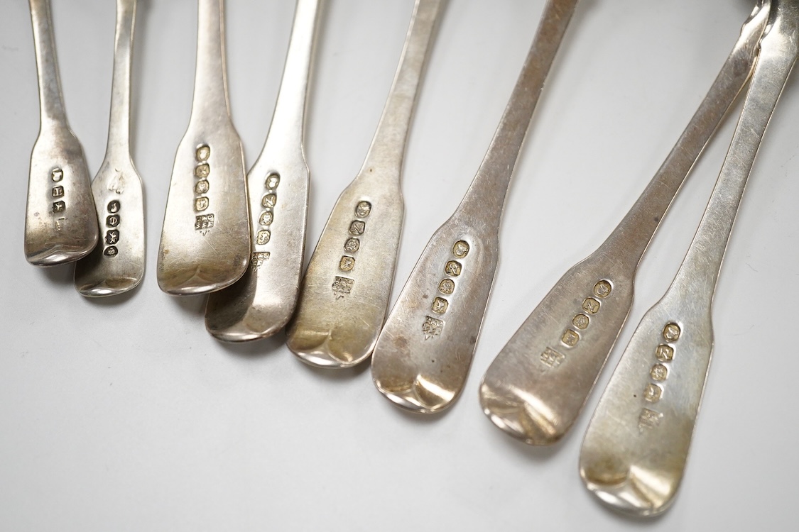 A set of six George III silver fiddle pattern dessert spoons by Ely, Fearn & Chawner, London 1808, togeter with two silver condiment spoons and a pair of Victorian silver fiddle pattern sauce ladles, Hayne & Cater, Londo